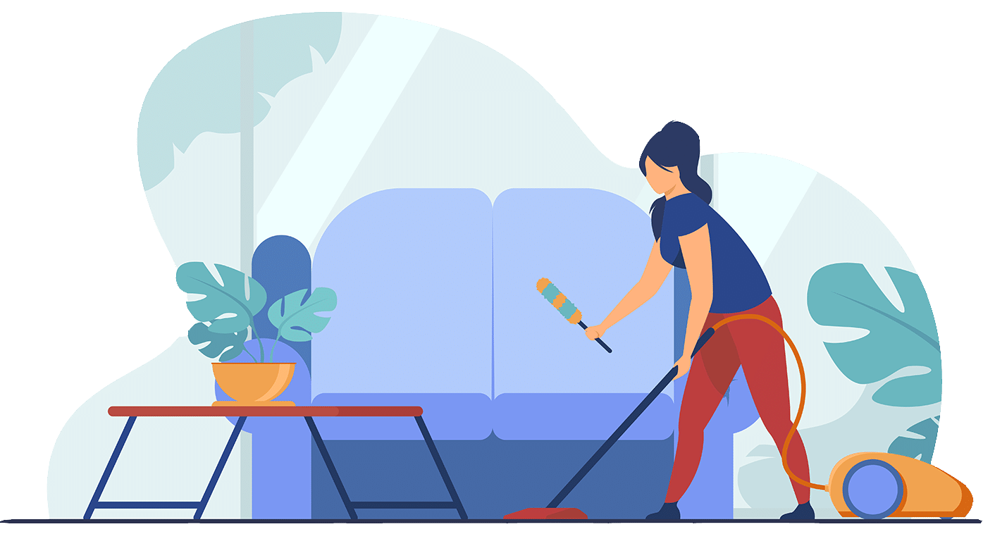 Plan de travail 1 femme faisant le ménage dans son salon